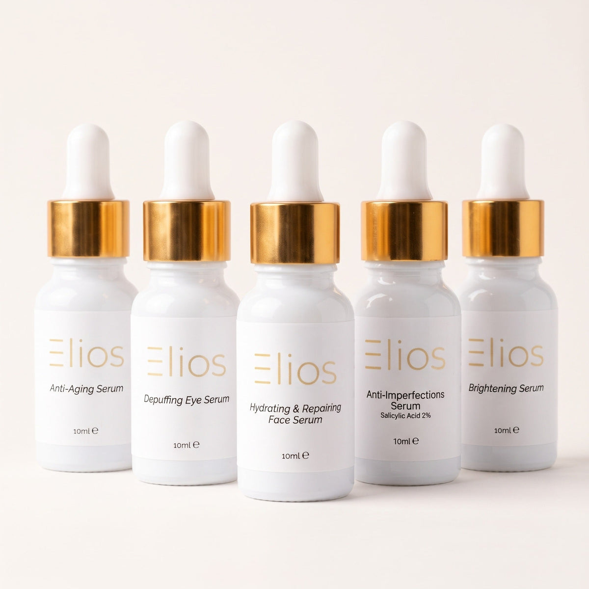 Elios Travel Discovery Kit – vijf serums van 10 ml op witte achtergrond